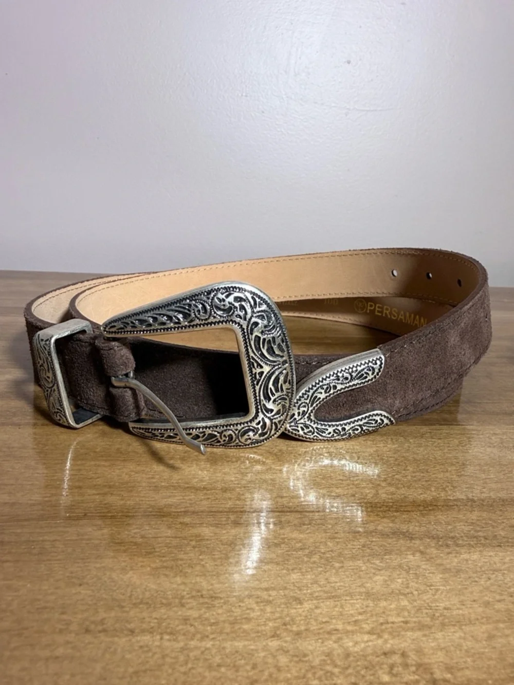 Persaman New York Brown Suede Belt with Western buckle and accents